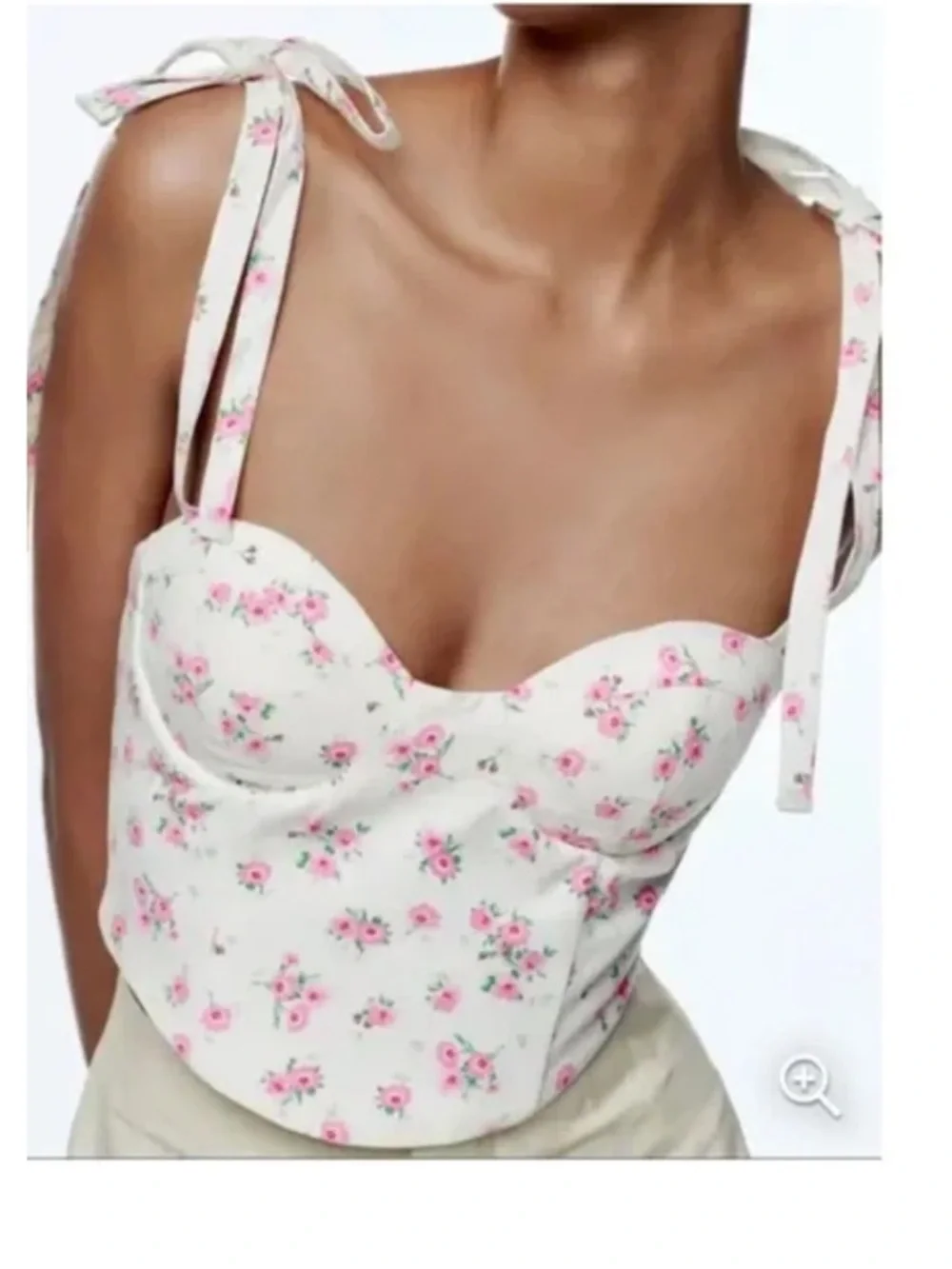 Zara Bustier Crop Top Smocked Floral White Pink Size S Coquette Cottagecore - Picture 2 of 10